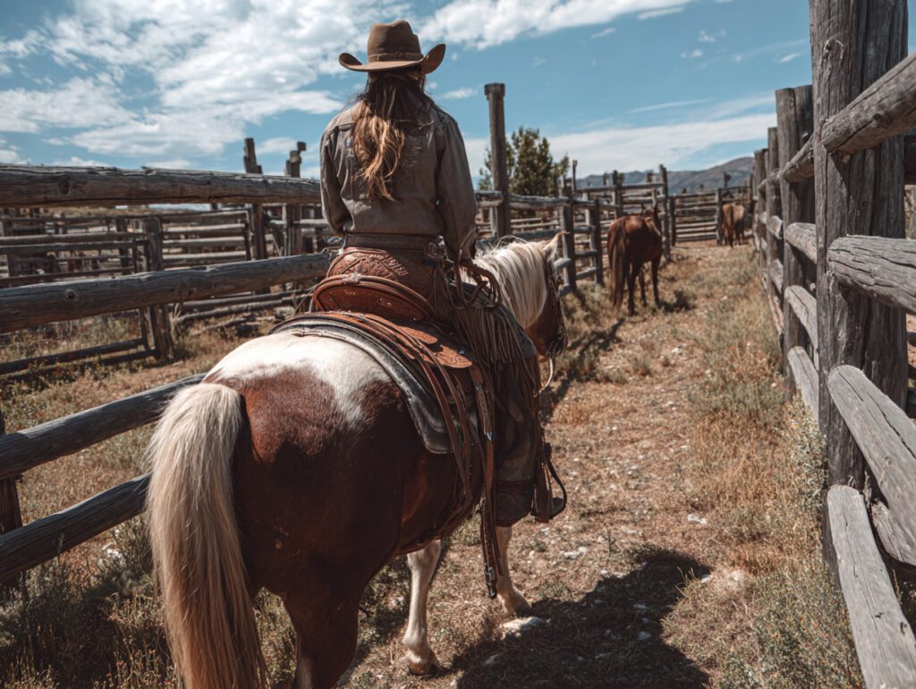 Eine Frau in Westernkleidung reitet ein geschecktes Pferd durch einen hölzernen Korridor auf einer Ranch, während weitere Pferde im Hintergrund zu sehen sind.
