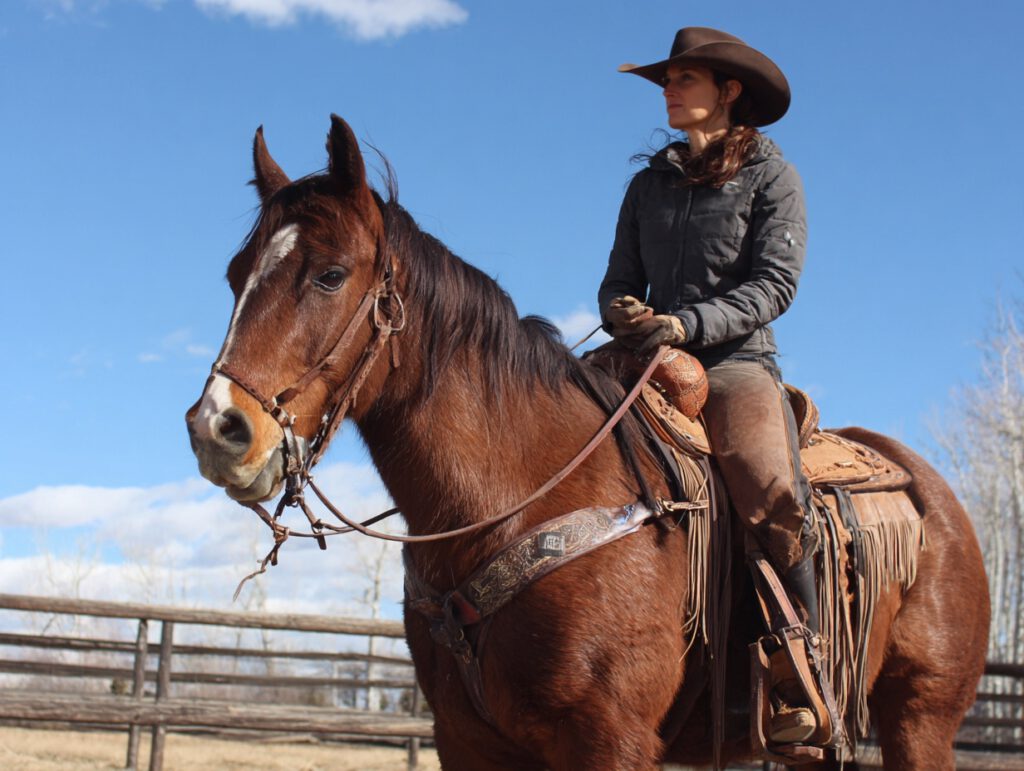 Eine Frau im Westernoutfit reitet ein braunes Pferd mit traditionellem Westernsattel auf einem Reitplatz unter blauem Himmel.