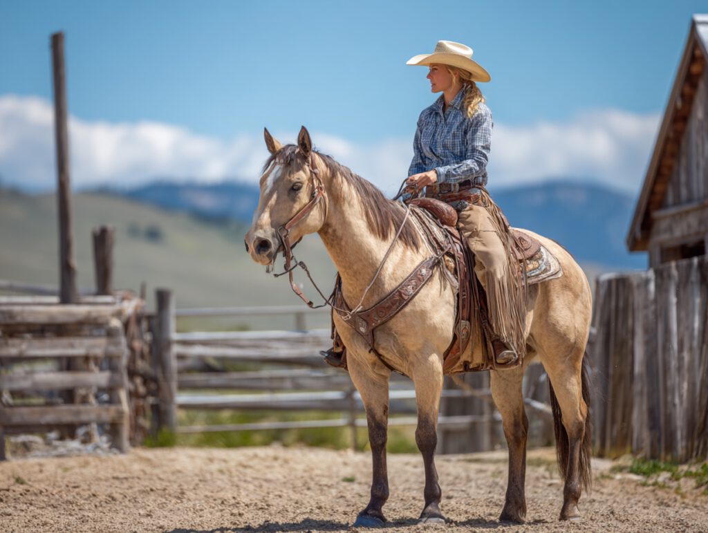 Eine Frau mit Cowboyhut und kariertem Hemd sitzt im Westernsattel auf einem sandfarbenen Pferd in einem Reitplatz, umgeben von Holzzäunen und mit Blick auf eine Berglandschaft im Hintergrund.