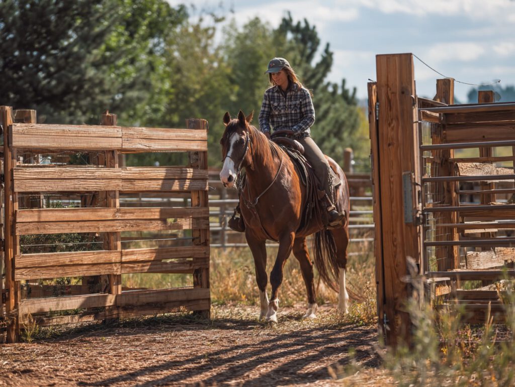 Eine Frau in Freizeitreitkleidung reitet ein braunes Pferd mit breiter Blesse durch ein geöffnetes Holztor auf einem Reitgelände, umgeben von Bäumen und Zäunen.